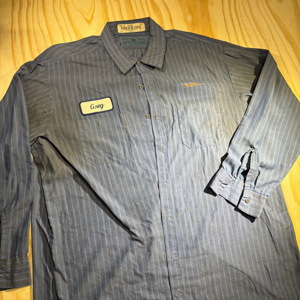Cintas Men's Mechanic Work Shirt Gray Blue Striped Long Sleeve Greg Patch 2XL